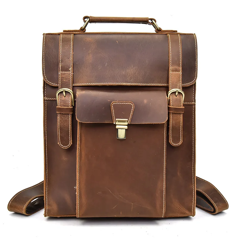Quality No Label Multi Flap Backpack Vintage Brown Cowhide Leather Backpack for Men
