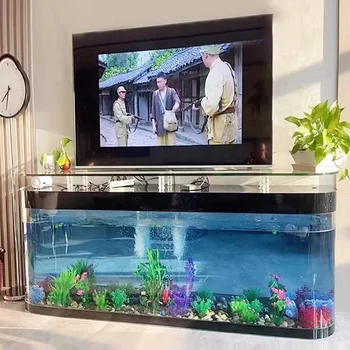 Customized Rectangle large transparent cube Acrylic aquarium fish tank Glass Bullet front TV stand table fish tank aquarium