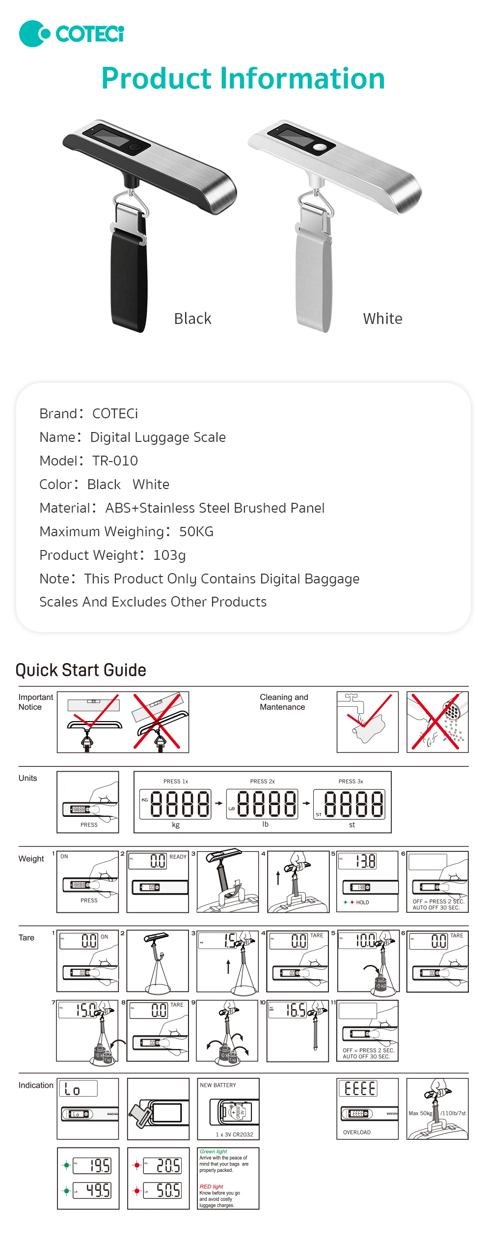 COTECi Portable Electronic Scale High Precision Mini Small Travel Digital Luggage Scale Express Spring Scale Hand Weighing