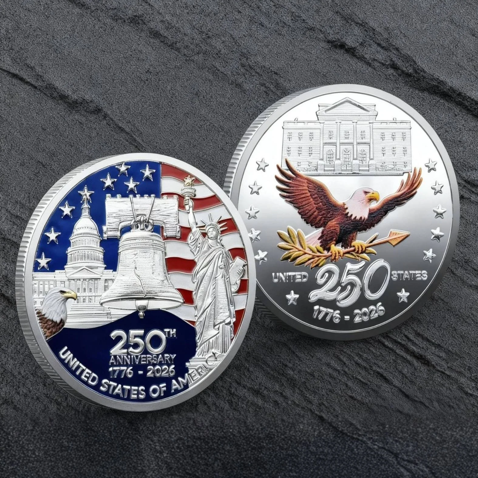 定制美国250周年纪念挑战币镀金彩色印刷珐琅徽章3D浮雕时尚新款