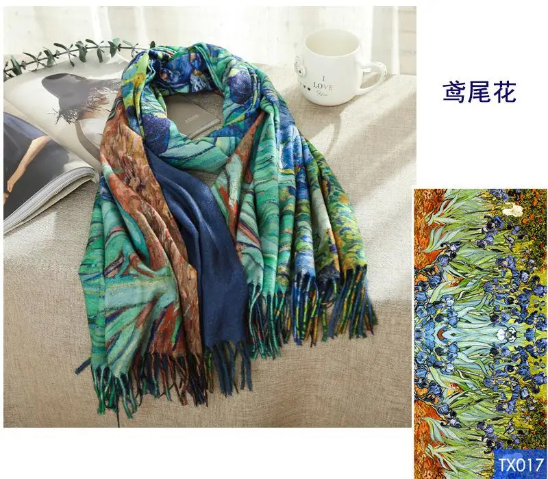 Damen-Winterschal mit digitalem Ölgemälde-Print, große Größe, wollähnlicher Schal, warmes Tuch_voghion.com