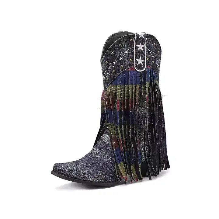 Ladies Calf Boots Size 34-43 Denim Fringe 5cm Block Heel Women Western Boots - Image 2