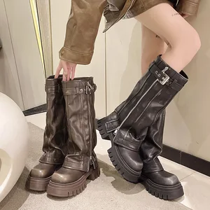 2026 Spring/Autumn/Winter New Brown High Knight Western Cowboy Pants Zipper Boots Women's Slim Thick Mesh Height Increasing