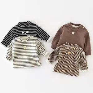 Customized One-piece Fleece Children's Striped Long Sleeved T-shirt Baby Boys Girls Half Neck Bottoming Shirt Clothes for Kids