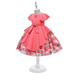 Customizable New Style Embroidered Dress O-neck Short Sleeve Bow Layers Printed Girl Dresses