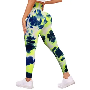 Hot Selling Blue and Green Tie Dye Yoga Pants for Women High Waist Breathable Seamless Leggings Elastic Waist for Sports Fitness
