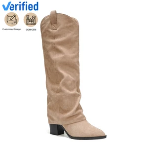 Chic Women's Beige Suede Slouchy Over-the-Knee Boots Winter Cowboy Style Pointed Toe Block Heel Zip Closure PU Insole Increasing