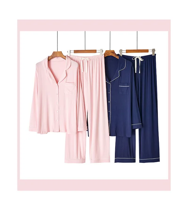 Woman Winter Pink Blue Soft Long Sleeve Cotton Modal Viscose Bamboo Sleep Wear Pants Pijamas Pajama Pjs Pyjamas Set For Women