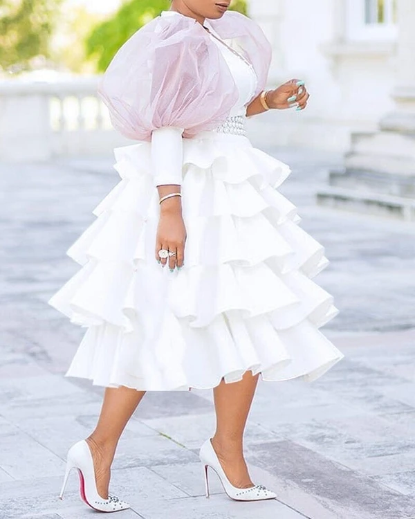 New Style Autumn Spring Sweet Girl High Waist Large Size White Round Neck Puff Sleeve Beading Women Casual  Princess Dress