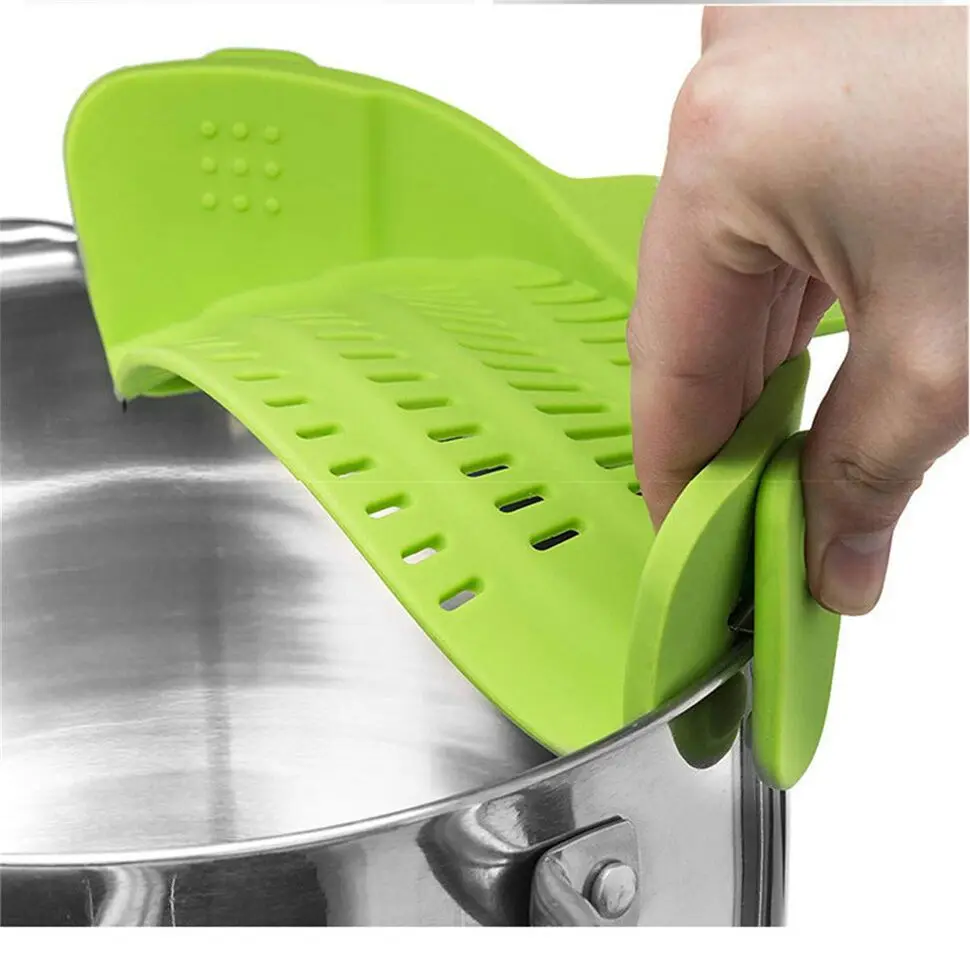 Creative New Style Kitchen Tools Waterproof Silicone Pot Edge Drainer Vegetable Noodle Water Filter Pouring Colander Strainer supplier