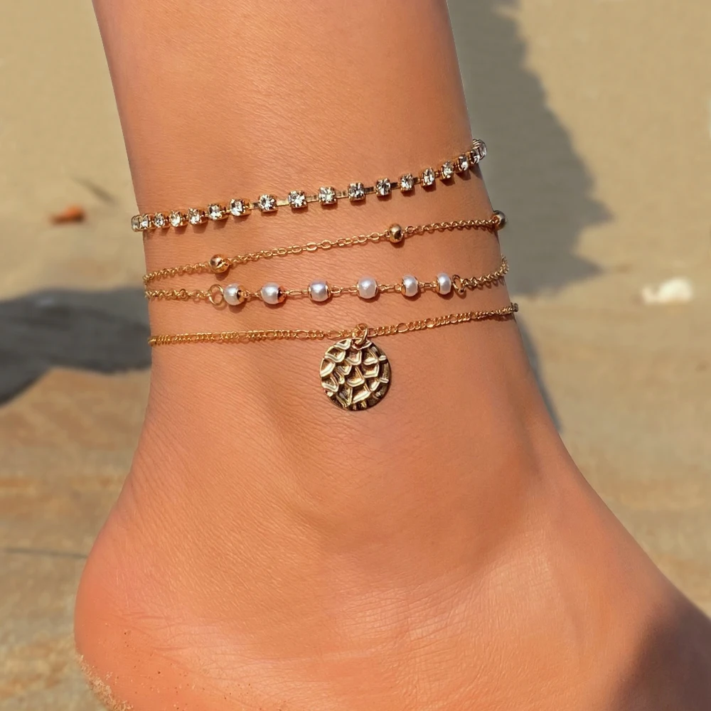 4-Piece Gold Layered Star Anklet Set - Boho Beach Ankle Bracelets For Women Summer Jewelry