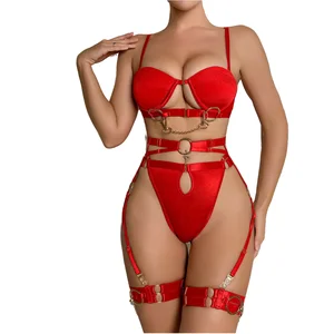 Hot Sales Fashionable Comfortable and Fun Lace Woven Dacron Lingerie Sets Women Delicate Luxury Erotic Chain Bra Panty Set