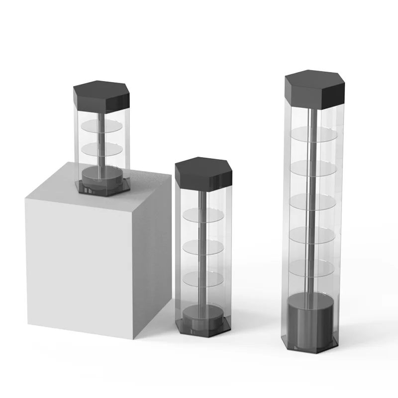 Custom Design Acrylic Hexagonal Rotating Jewelry Watch Display Showcase Cosmetics Jar Bottle Storage Floor Display Stand
