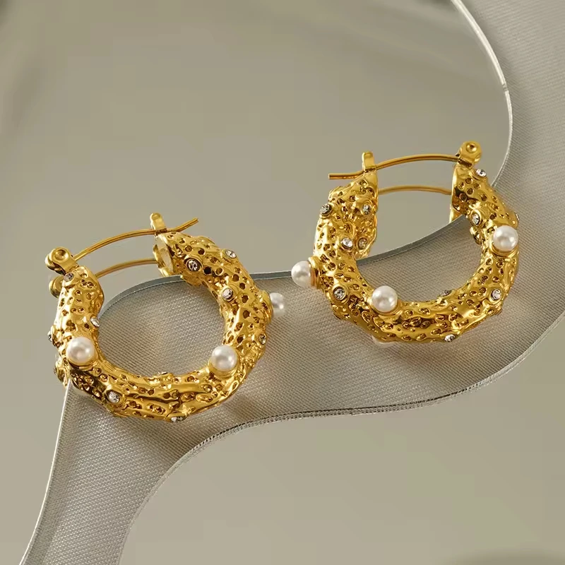 Chunky U Shape Pearl Zircon Hoop Earrings 18k Gold Plated Stainless Steel Huggie Hoop Minimalist Earrings Women  Tarnish Free