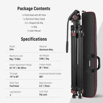 NEEWER 74" Pro Video Tripod Heavy Duty Camera Tripod With Telescopic Handle Scaled Base detail image