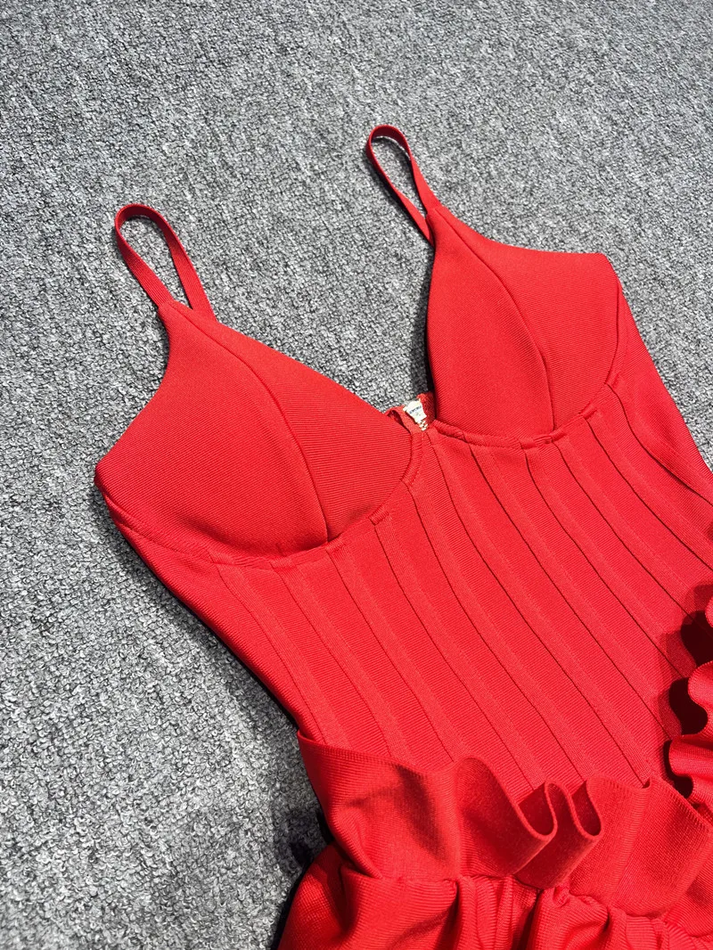 red backless bandage dress Tuttle Red Backless V-neck Bandage Dress / M