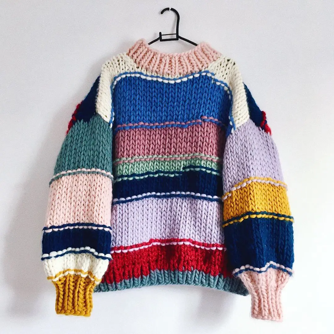 DialinyKnitwear Multicolor Knit Sweater Personalized Sweater Woman Rainbow Mohair Crew Neck Sweater Pullover Women Long Sleeve Colorful Pullover