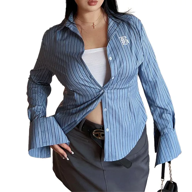 Plus Size Women Explosive Style Show Body Oversized Logo-Embroidered Striped Waist Shirt