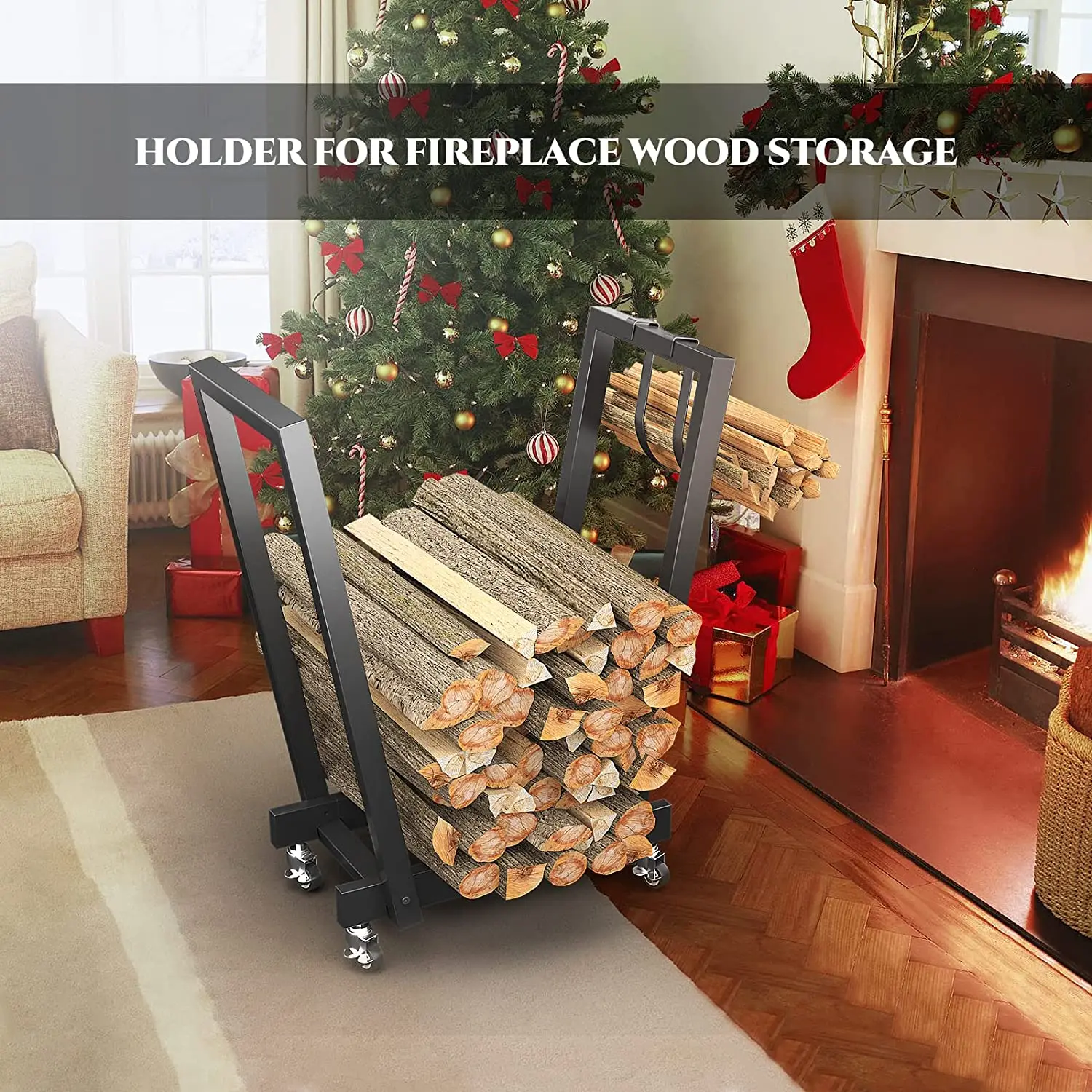 Firewood Rack with Kindling Rack and Wheels Durable Foldable