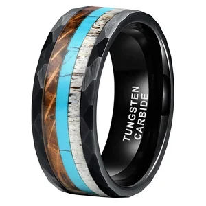 Coolstyle Jewelry New Arrival 8mm Black Men Women Engagement Wedding Band Whisky Wood Deer Antler Turquoise InlayTungsten Ring