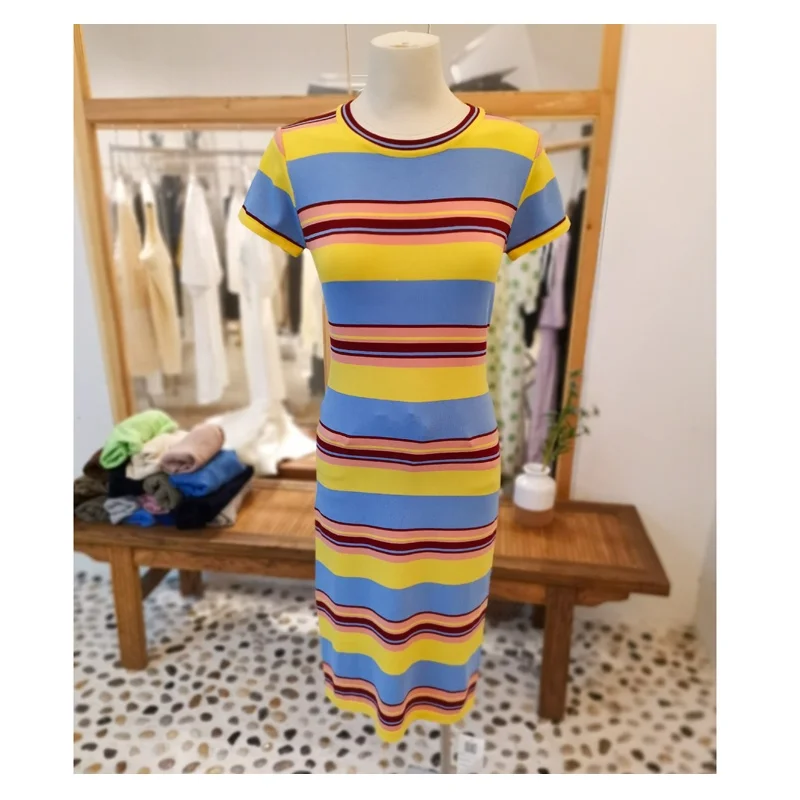 
Custom + summer new Korean slim rainbow stripes mid-long temperament slim base ice silk knitted dress 
