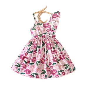 2023 Summer Kids Clothing Ruffle Sleeve One Shoulder Floral Pattern Girls Casual Beach Dresses Hat 2Pcs Children Dress
