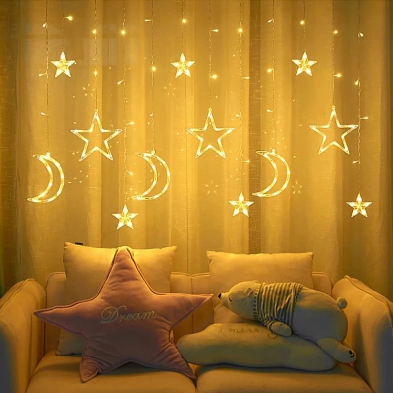Moon Star LED Curtain Light String Garland Islamic Muslim Party Al Adha Ramadan Decoration EID Mubarak Decor for Home