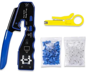 US Local Stock ! All-In-One Network RJ45 Crimp Tool Kit with 50 Pcs RJ45 Connectors and 50Pcs Covers 1Pcs Mini Wire Stripper