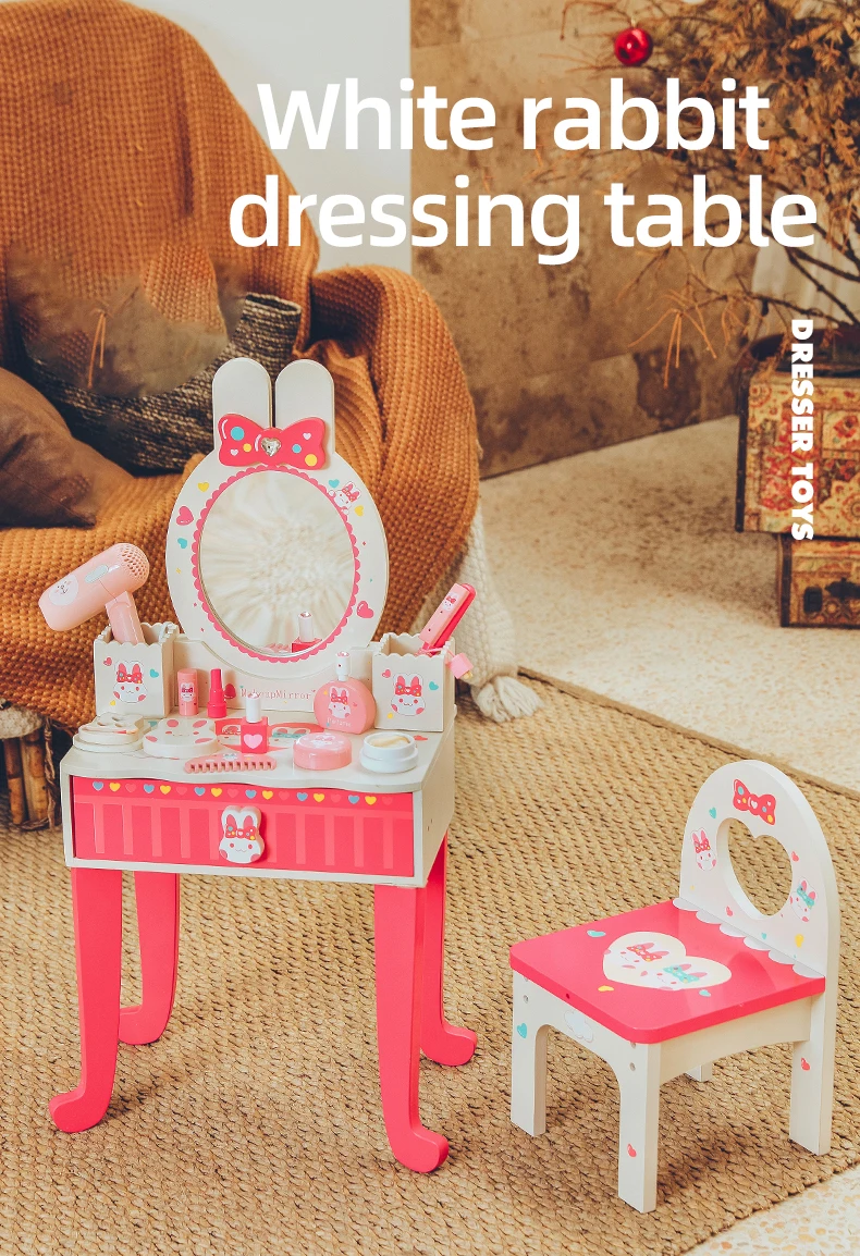 Wooden Rabbit Makeup Table And Chair Set Kids' Vanity Toy With Mirror For Little Girls Buy