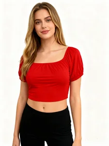 Women's Summer Stretch High Quality Crop Tops Slim Fit Low Bust Ruched Sleeves Elegant T Shirts