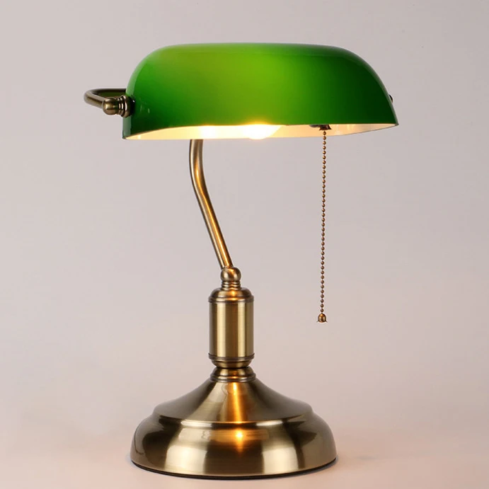 Retro Bar Table Antique Classic Power Tiffany Green Glass Shade Metal Banker Lamp