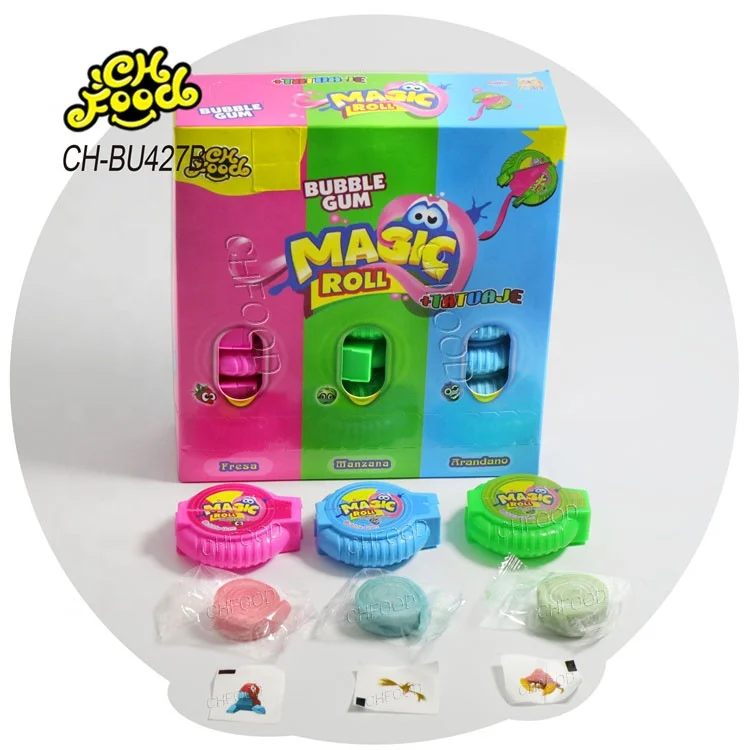New Design OEM High Quality Fruit Flavor Crazy Roll Chewing Bubble Gum with Tattoo Wholesale Halal Gum Candy Sweets