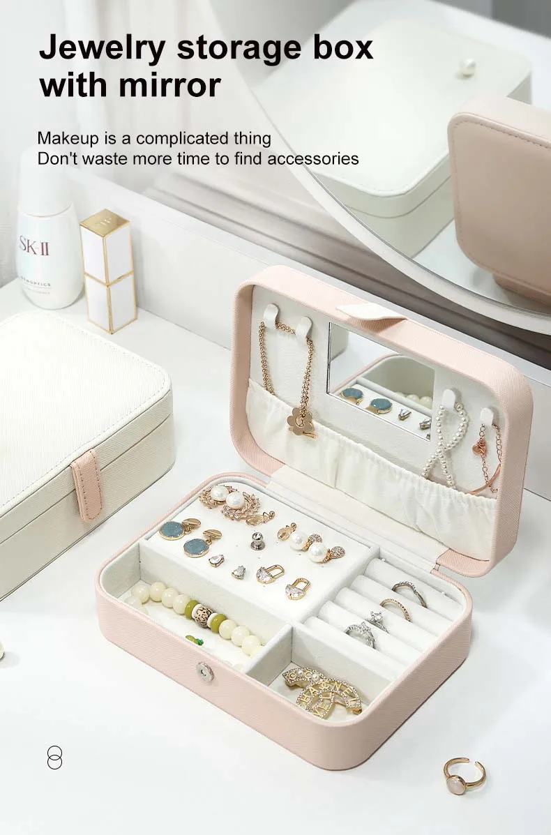 PU Leather Jewellery Box Portable With Mirror Necklace Storage Organizer Case 