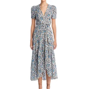 Hot & Stylish Manufacturer Custom V-neck Casual Floral Print Elastic Waist Pullover Midi Dress