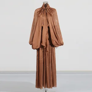 Elegant Regular Fit A-Line Chiffon Dress with High Waist V-Neck Lace-Up Long Sleeves Casual Modest Daily Wear for Women