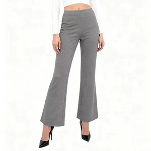 Women's Grey Knitted Wide Leg Pants Mid Elastic Waist Regular Fit Casual Autumn Plain Dyed Trousers