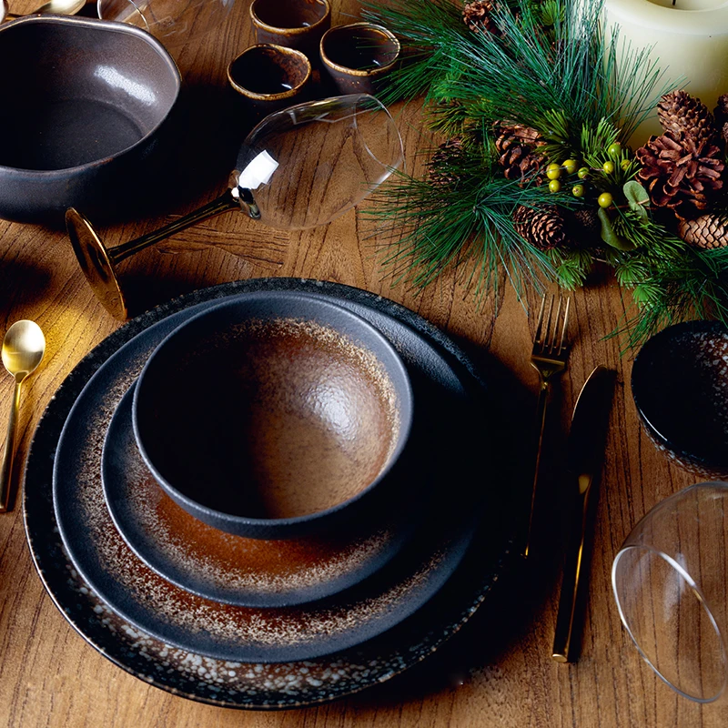 Porcelain Ceramic Dark Brown Salad Brunch Lunch Banquet Service Dishes  Plate Bowl Set of Silver Plates