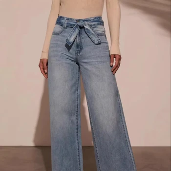 Women's High-Waisted Lace-Up Boot Cut Washed Straight-leg Wide-Leg Denim Lace-Up Waist for Cross-Border Trade Europe America