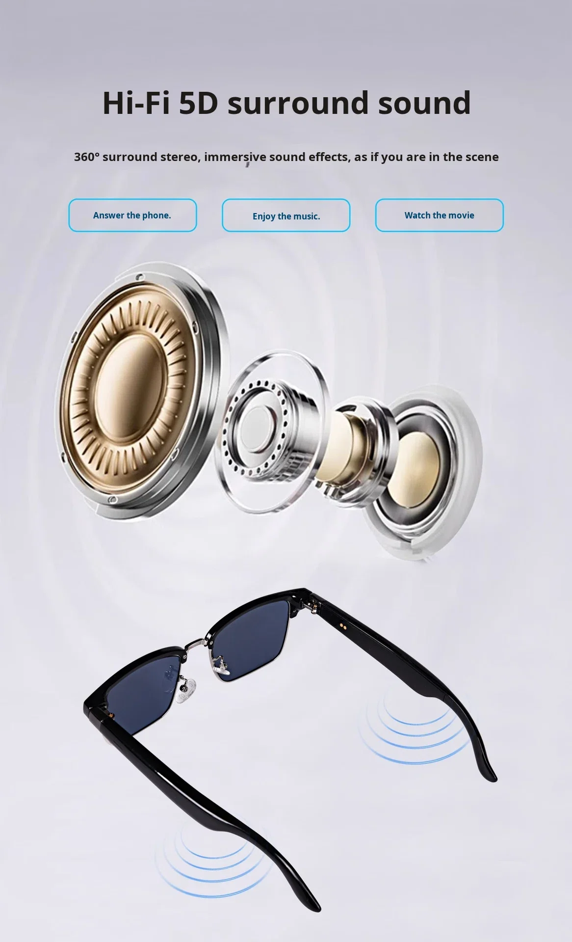 GM7 Smart Glasses for Music Call AI Voice Translation Voice Assistant Fashion Glasses IPX-5 Waterproof 1080p Type-C Charging App