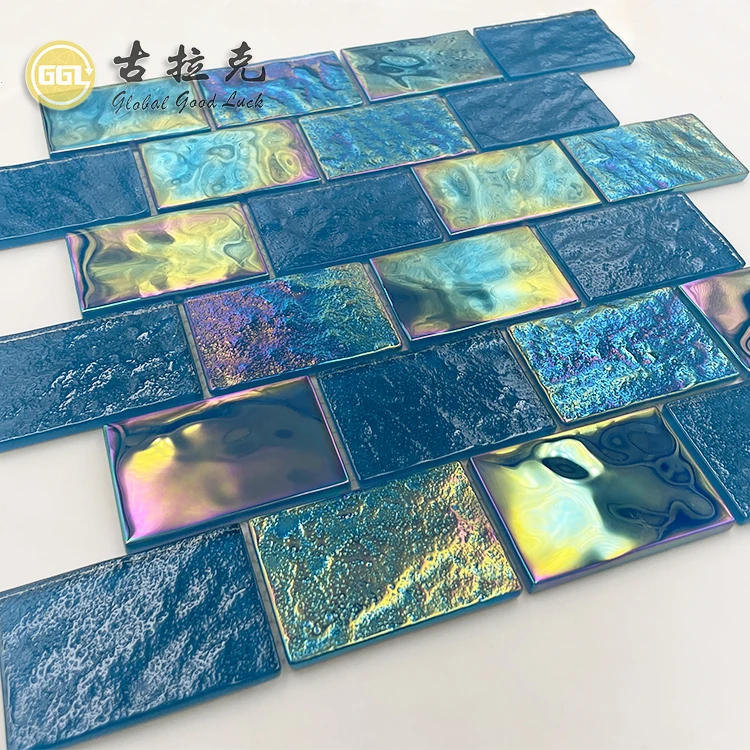 Hot Blue Color Iridescent Glass Mosaic Tile Swimming Glass Pool Mosaic Tile Outdoor Mosaic Tile manufacture