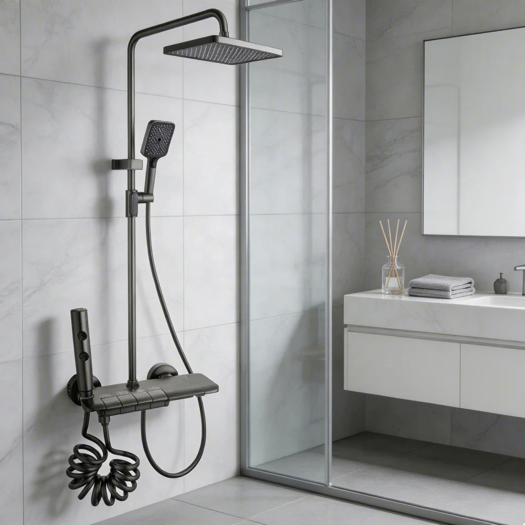 Modern 4-Function Thermostatic Rainfall Jet Shower System Massage Piano Key Controls High Purity Brass Chrome Finish SS304 Bidet