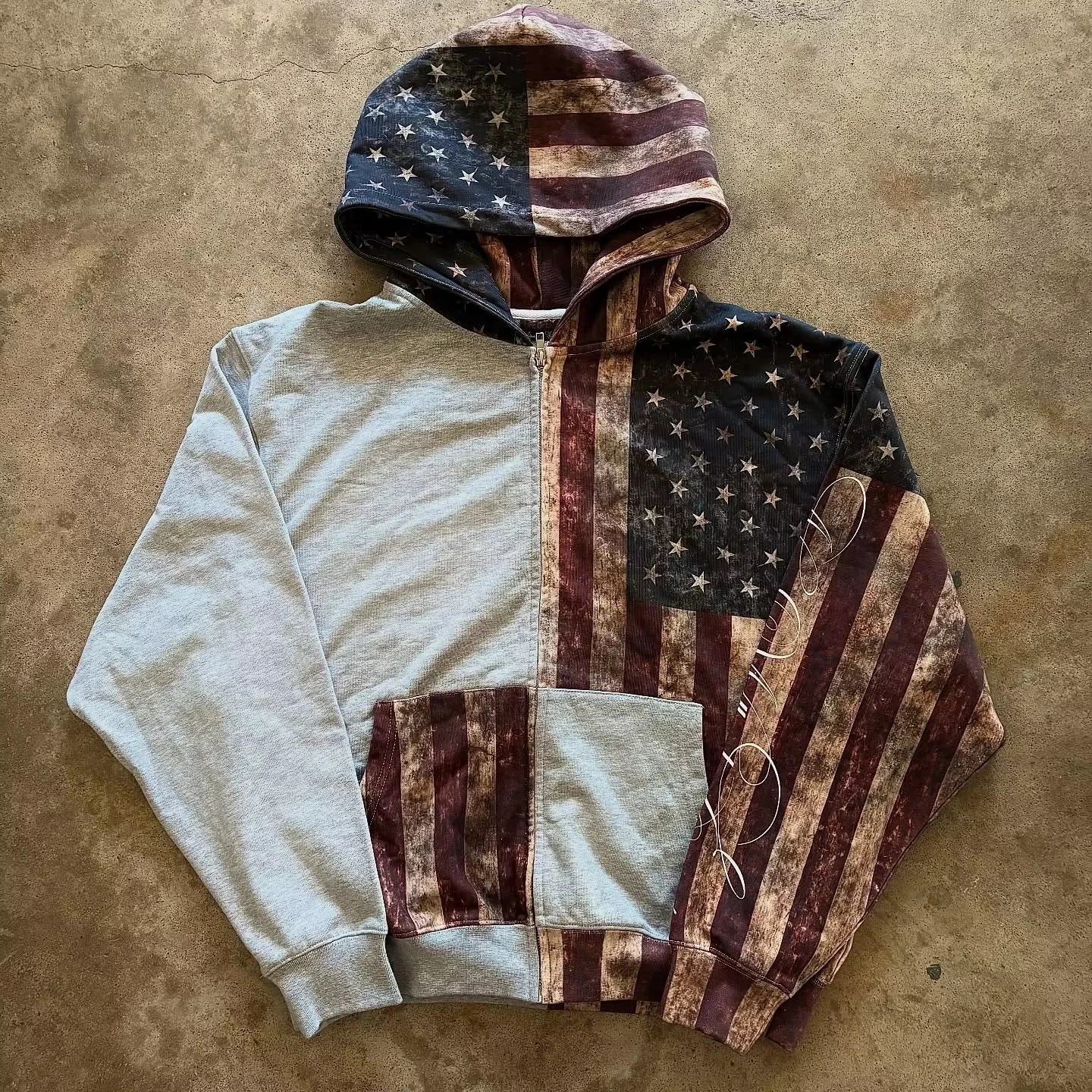Custom Manufacturer 100% Cotton Zipper Applique Stitching Heavyweight Distressed Patch Cut and Sew Patchwork Men Zip up Hoodie