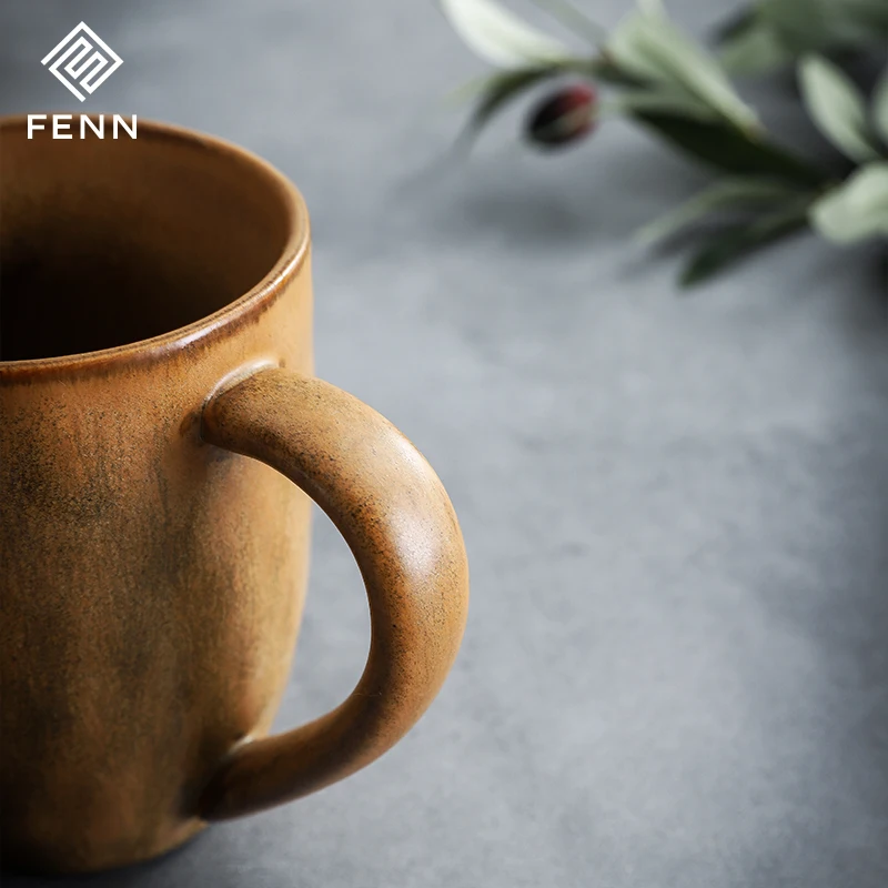 FENN Household Nordic Matte Reactive Color Glazed Ceramic Coffee Tea Cup Porcelain Mug Retro Pottery Gift Mug