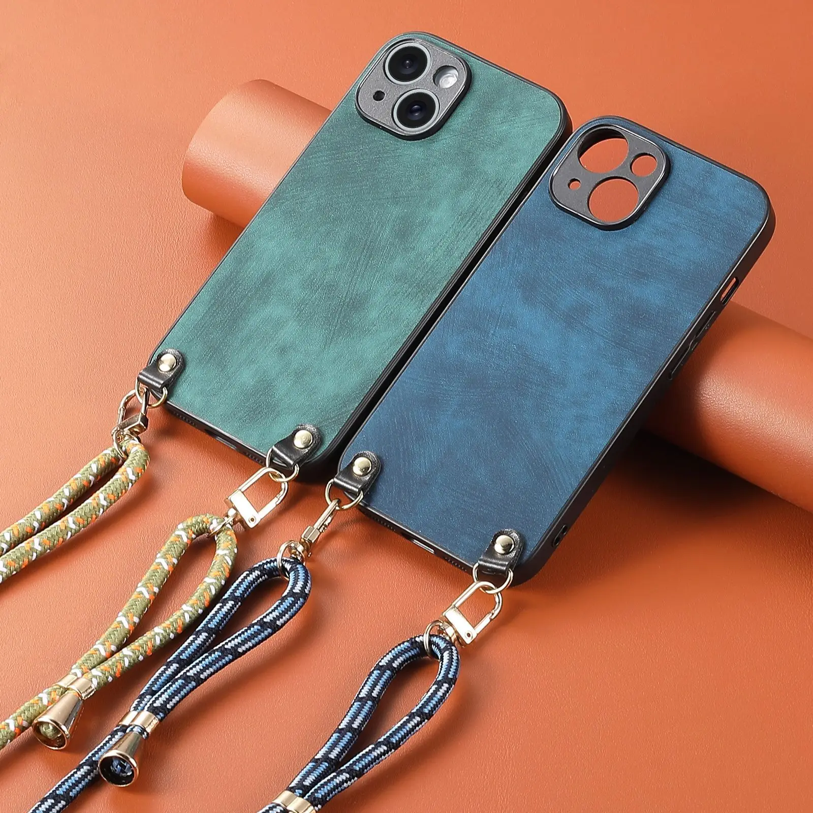 Shockproof Chain Crossbody Plain Leather Case With Wrist Strap And Lanyard For IPhone 17 AIR 16E 15 Pro Max_voghion.com