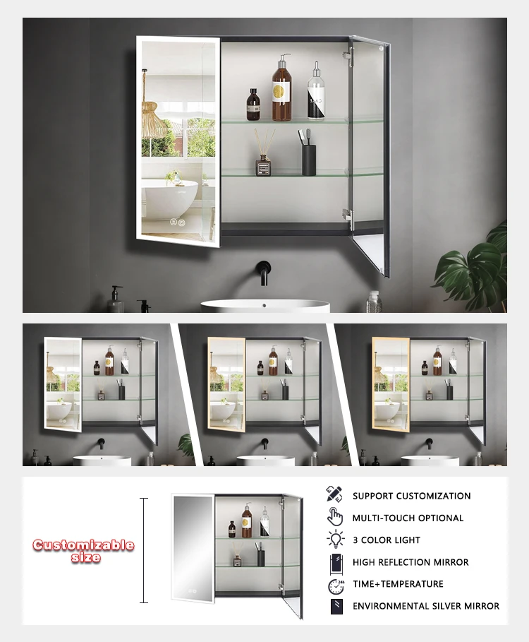 product hotel bath aluminum ip44 led mirror cabinet modern design double doors anti fog bathroom cabinet medicine cabinet with mirror-4