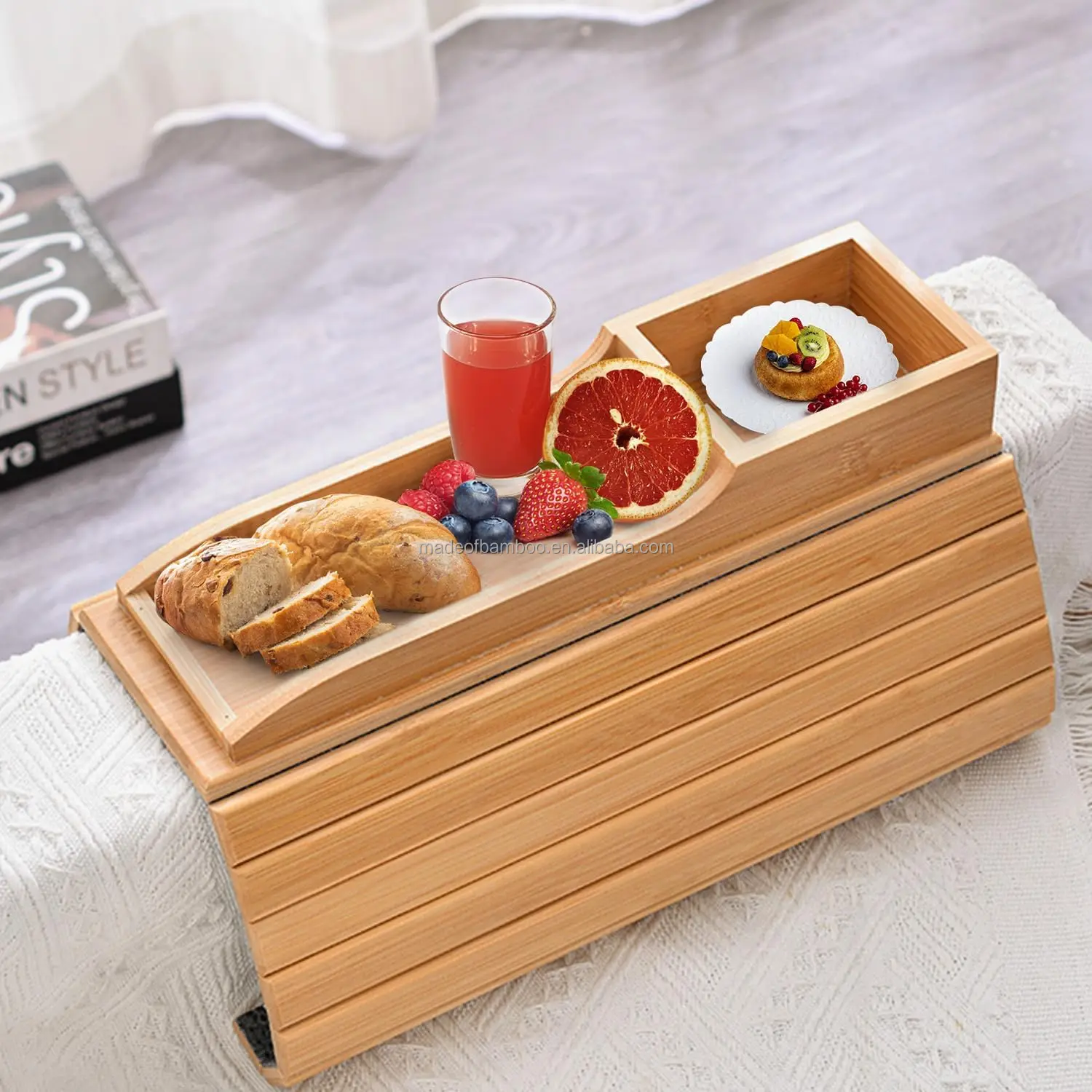 Small MOQ Modern Wooden Portable Sofa Armrest Tray Detachable Sofa Snack Table Natural Bamboo Sofa Armrest Tray Table for Couch