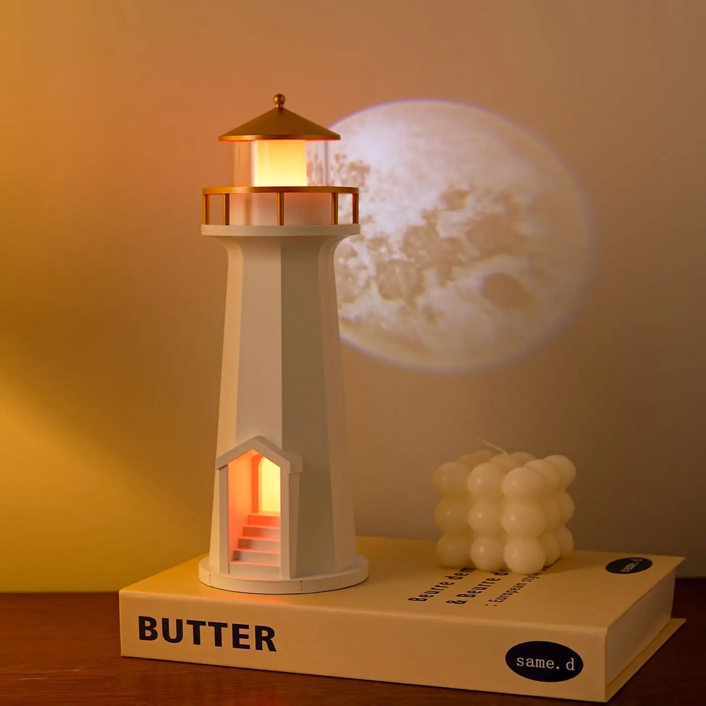 Lighthouse Shaped LED Night Light Projector Moon Pattern Warm Glow Nautical Style Home Decor Bedroom Desk Ambient Lamp