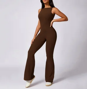 OEM Wholesale Women Bodycon Backless v Cut  Scrunch Flare Pants Activewear One Piece Yoga Jumpsuits Women