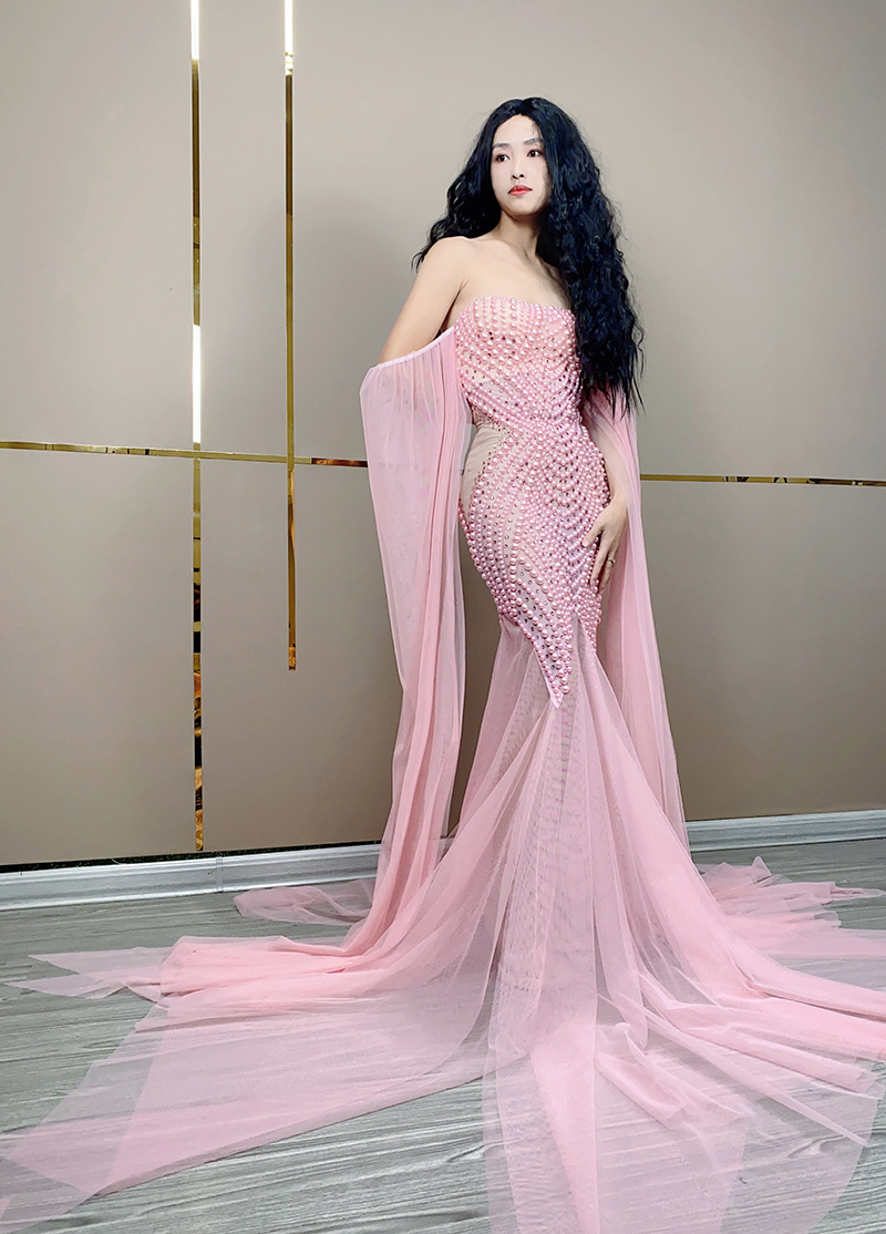 Pink Evening Dress with Diamond Birthday Dress Sexy Sheer Mesh Rhinestone  Pearl Dress