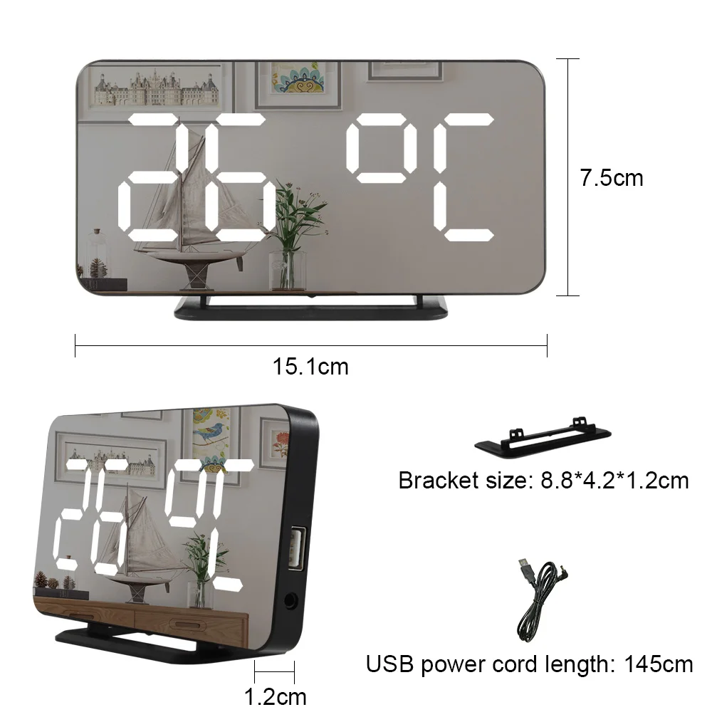 Digital Mirror Alarm Clock LED Electronic Temperature USB Multifunction Nightlight Alarm Clock with Wireless Charger and Speaker
